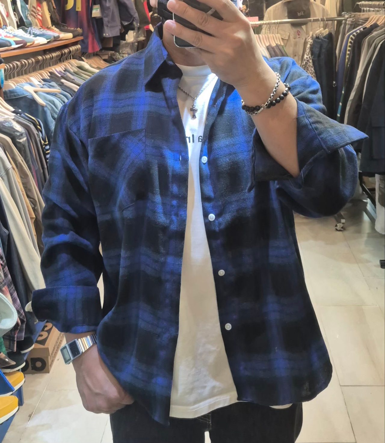 블루 블랙 옴브레 체크 오버핏 셔츠